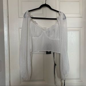 White Dobby Mesh Cup Detail Long Sleeve Crop Top